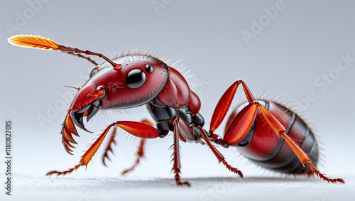 Close-up of a red ant, showcasing its detailed anatomy and texture. photo