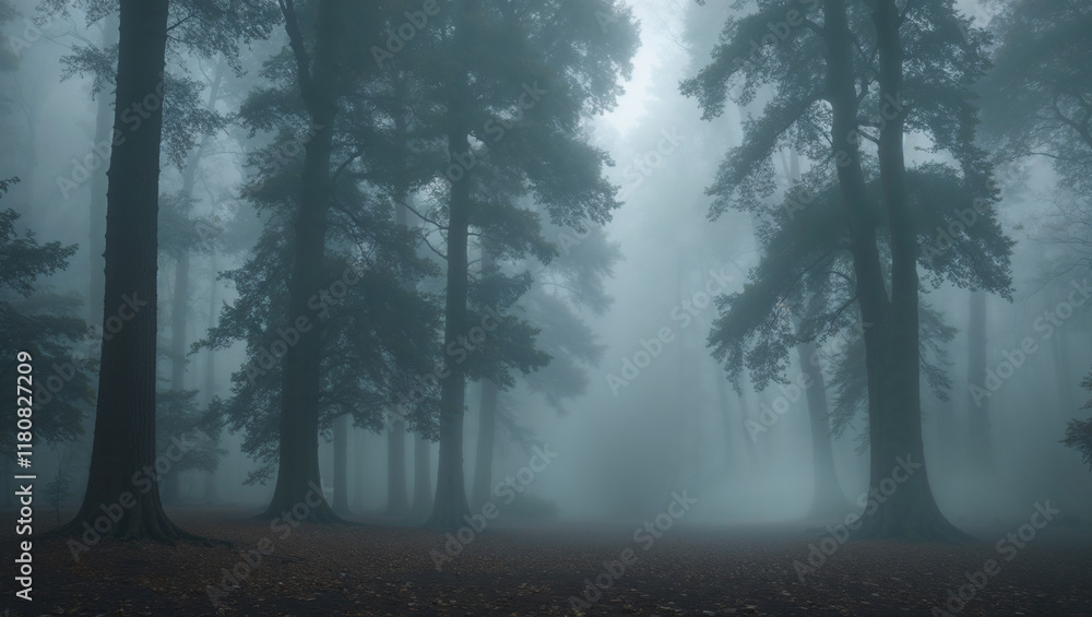 Mysterious foggy forest scene with tall trees and fallen leaves. Mysterious foggy forest scene with tall trees and fallen leaves.
