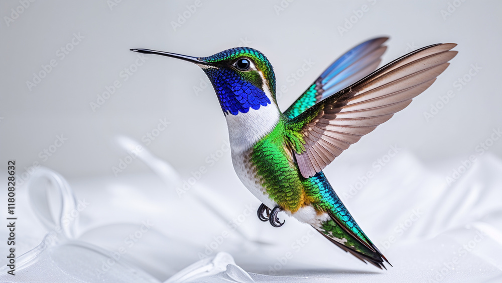 Obraz premium Vibrant hummingbird in flight, showcasing iridescent feathers and delicate wings against a neutral background.