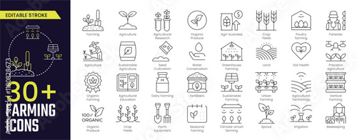 Farming Stroke icon collections. Containing Farming Agriculture Agricultural, Research, Produce, Agri-business, Crop Yields, Organic Farming icons. Editable Stroke icon collection Outline icon