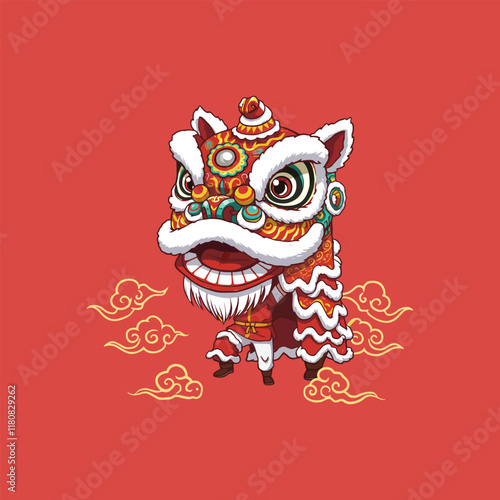 The image depicts a stylized cartoon illustration of a traditional Chinese lion dance costume against a red background with golden clouds.