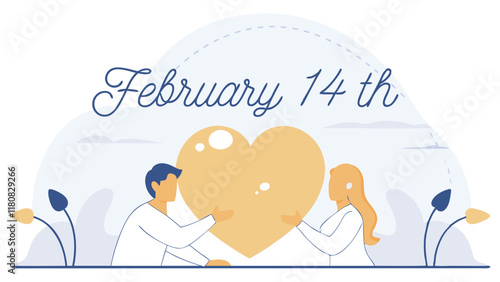 Valentine's Day greeting card, romantic silhouettes, marriage proposal scene, dotted heart outline, red 3D hearts, white background, minimalist design, love concept, February 14th text, elegant typogr