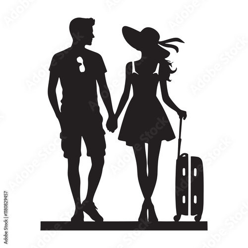 Black and white silhouette of a romantic traveling love couple. Man and woman holding hands. Isolated vector pair silhouette on white background. Travel theme illustration.