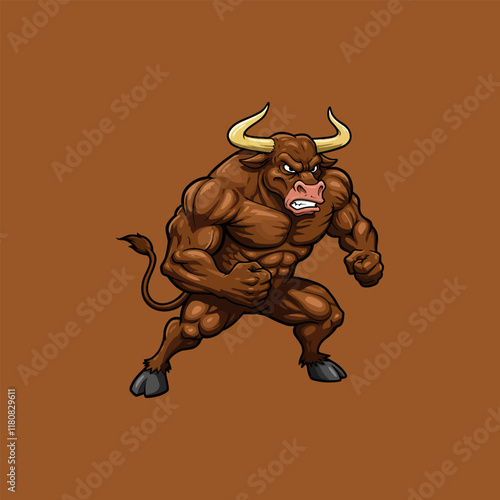 A powerful brown bull mascot illustration with large muscles, poised in a fighting stance, conveying strength and aggression.