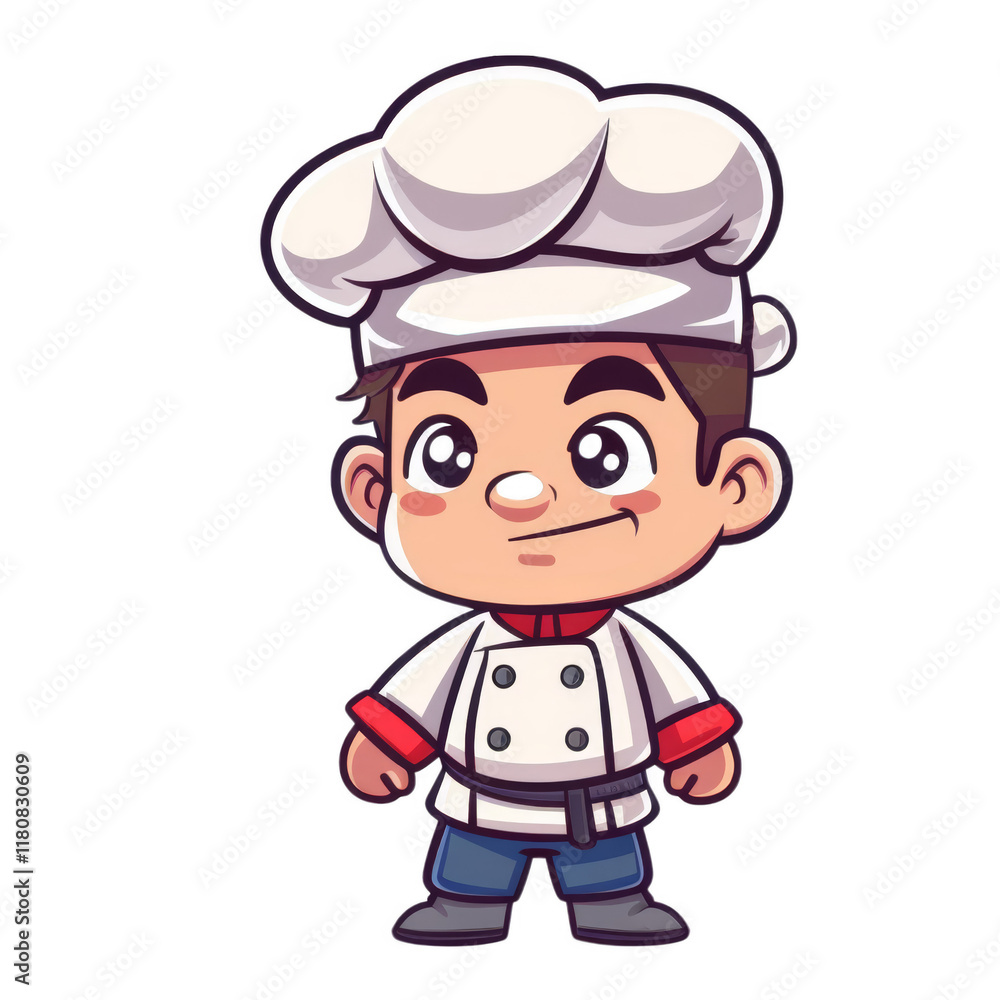 Cartoon chef with a confident expression, wearing a white chef's hat and a red and white uniform. Cartoon chef with a confident expression, wearing a white chef's hat and a red and white uniform.