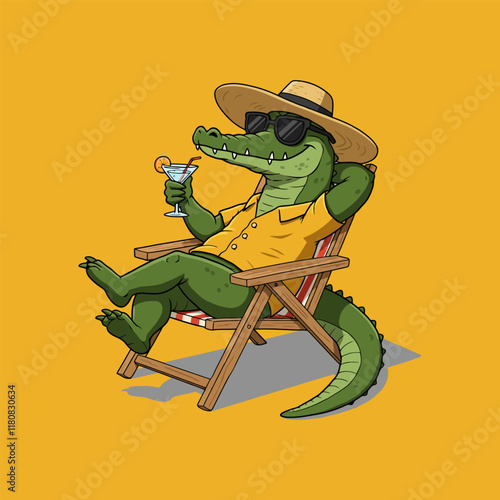 A cartoon crocodile relaxes in a beach chair, wearing sunglasses and a hat, enjoying a cocktail.