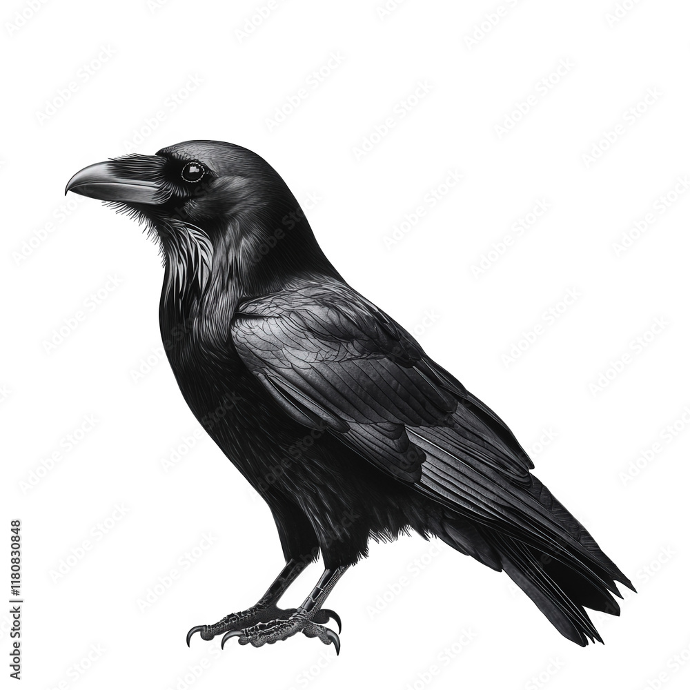 Fototapeta premium detailed illustration of a raven. showcasing its sleek black feathers and sharp beak the raven stands in profile against a plain background. emphasizing its striking features and the elegance of its f