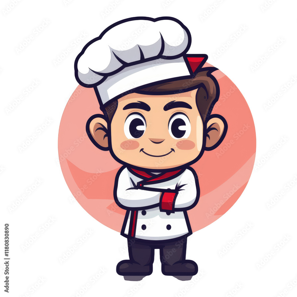 A cartoon chef with arms crossed, wearing a white chef's hat and a red and white uniform, smiling. A cartoon chef with arms crossed, wearing a white chef's hat and a red and white uniform, smiling.