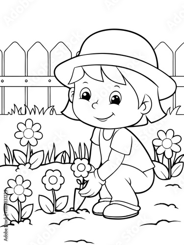 Happy Girl Gardening Flowers, Ready-to-print coloring page on standard 8.5x11 inch paper