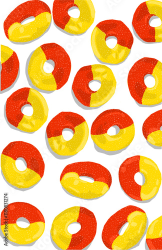 a pattern of red and yellow gummy chewy candys on white background