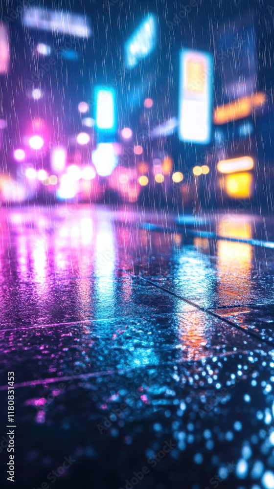 Vibrant city lights reflecting on wet pavement at night Vibrant city lights reflecting on wet pavement at night