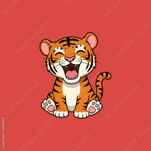 A cheerful cartoon tiger cub sits happily with a wide open mouth and pink paws against a red backdrop.