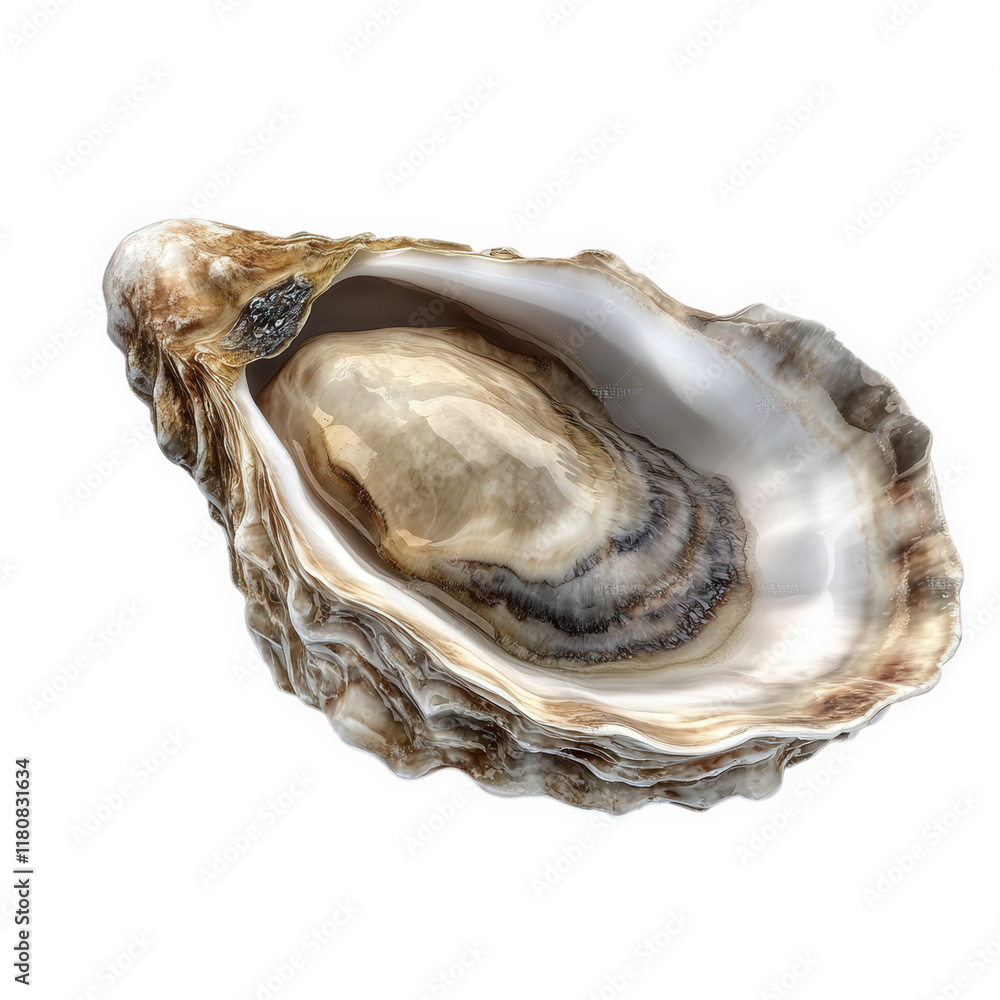 Naklejka premium an open oyster shell showcasing its smooth. shiny interior and the pearl-like substance within oysters are often associated with culinary delights. particularly seafood dishes. and are known for their