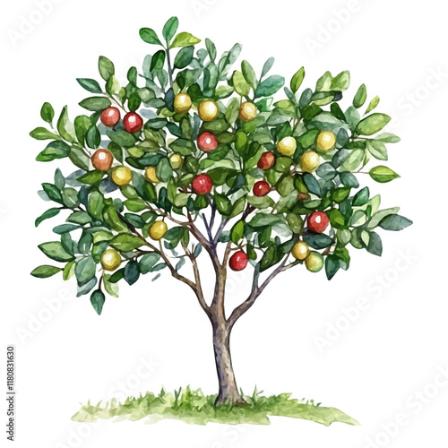 A watercolor vector of a jujube tree, isolated on a white background. Jujube tree vector.
