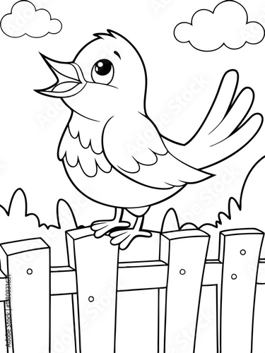 Cute Singing Bird on Wooden Fence Ready-to-print coloring page on standard 8.5x11 inch paper