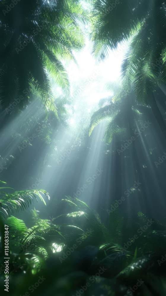 Obraz premium Lush green jungle with sunlight filtering through trees