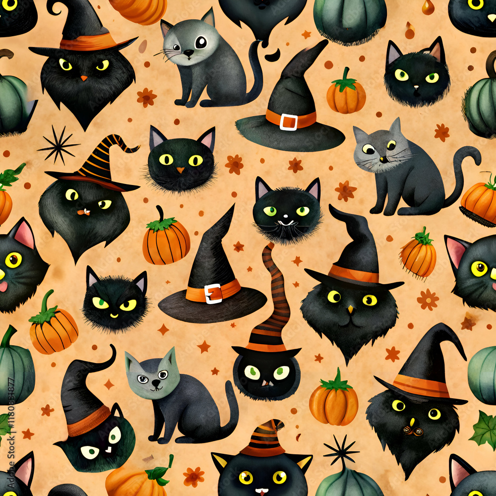 Cute Black Cats Halloween Pattern. Seamless Design Cute Black Cats Halloween Pattern. Seamless Design