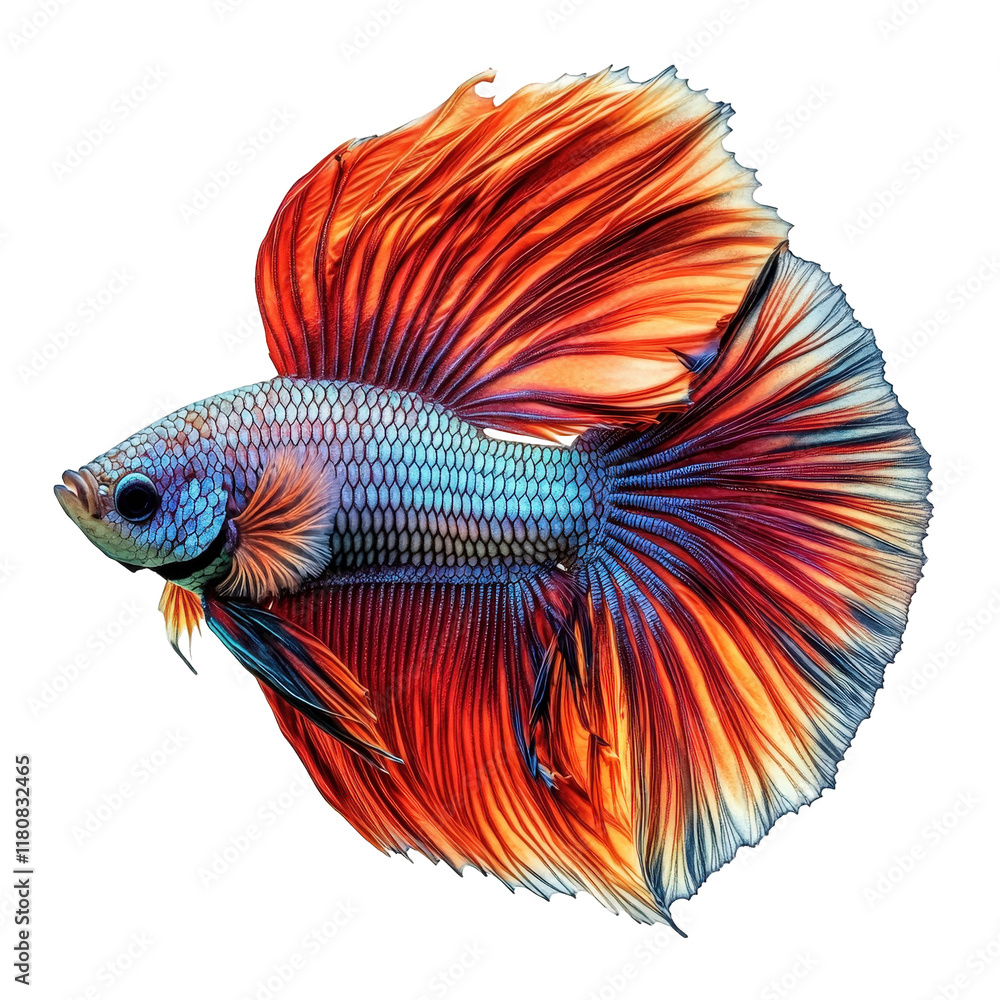 Fototapeta premium a vividly colored betta fish with flowing fins. displaying a stunning blend of orange. blue. and teal hues the intricate details and vibrant colors highlight the beauty of the fish. making it an appea