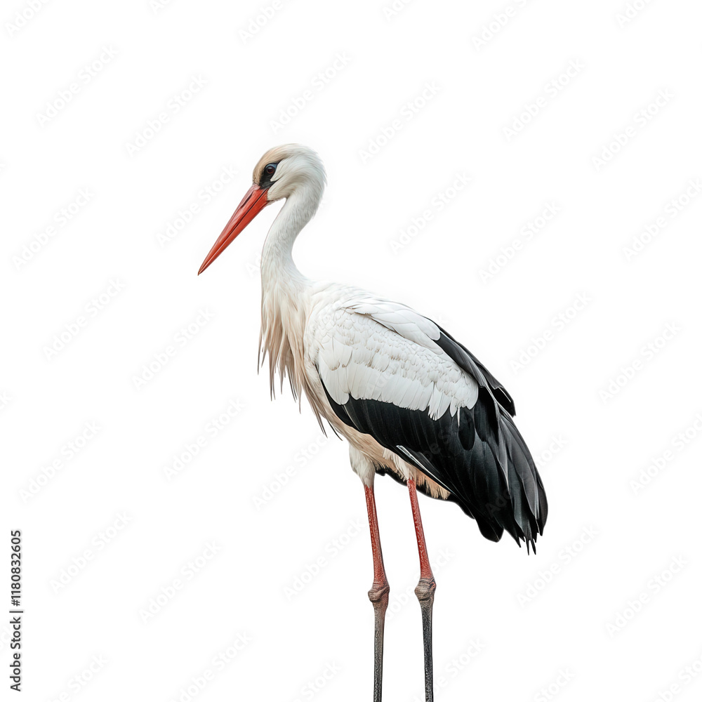 Fototapeta premium a solitary stork stands gracefully on two long legs against a minimalistic white background. showcasing its elegant posture and distinctive features. including a long red beak and contrasting black an