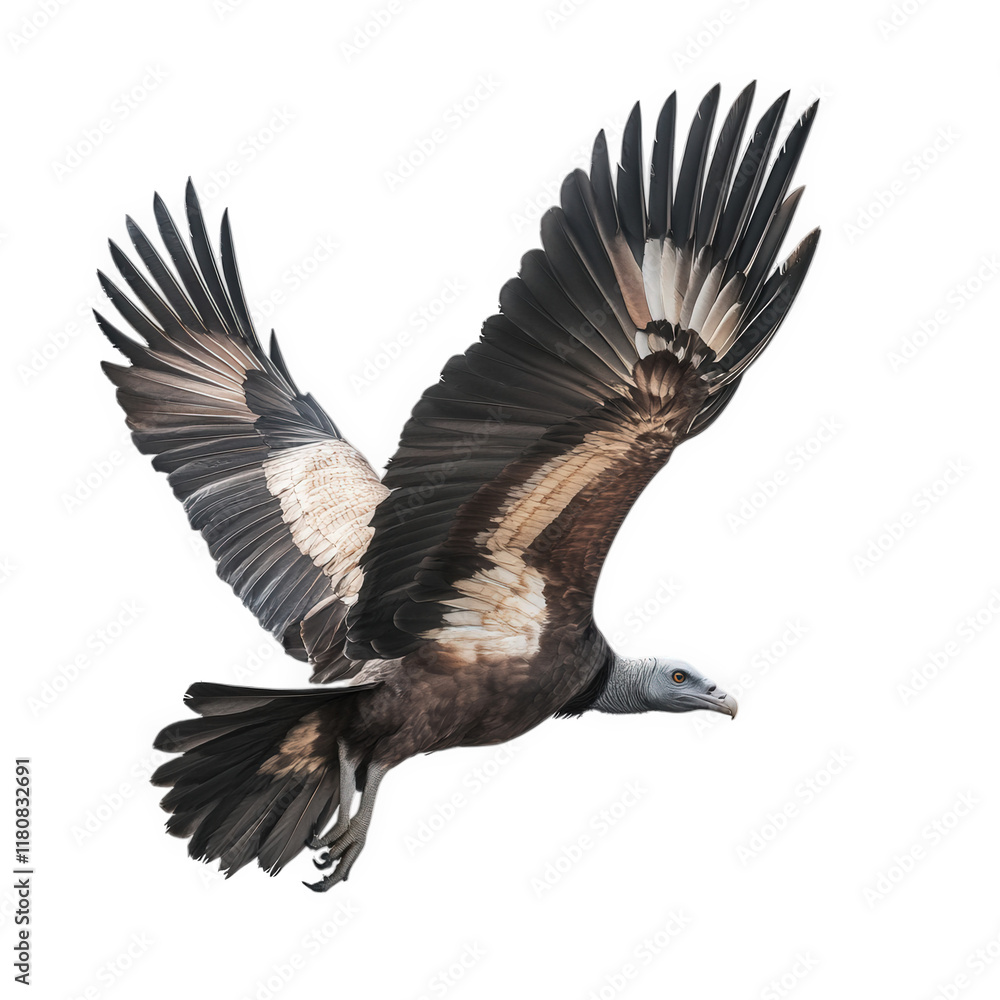 Fototapeta premium a majestic vulture soars gracefully through the air. showcasing its expansive wingspan and striking plumage against a soft white background beauty and power of this bird in flight. emphasizing its ro