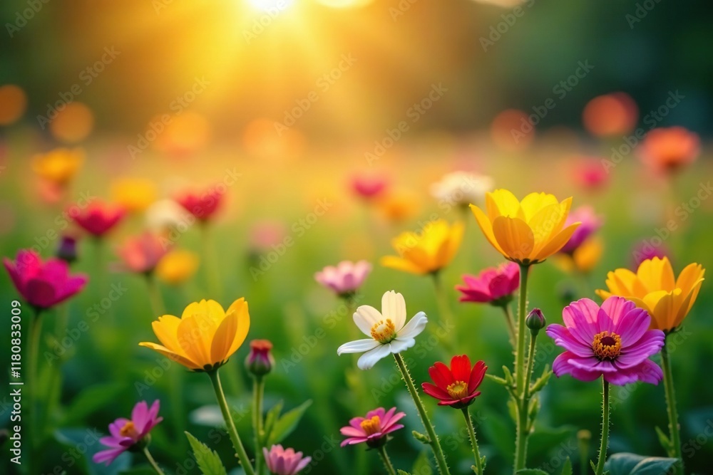 Colorful flowers blooming in a green meadow at sunrise, flowers, nature Colorful flowers blooming in a green meadow at sunrise, flowers, nature