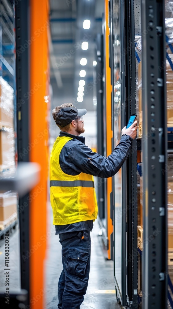 Warehouse Worker Using Mobile Device in Stockroom Warehouse Worker Using Mobile Device in Stockroom
