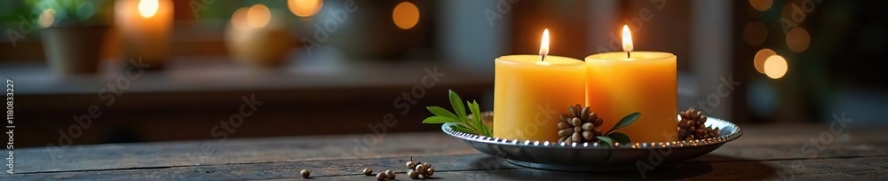 Obraz premium Olive oil filled Hanukkah candles in a silver holder, hanukkah candles, decorative centerpiece