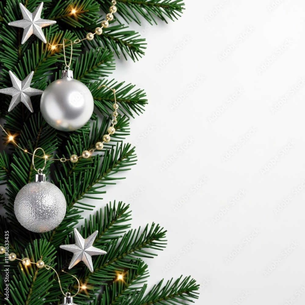 Twisted silver garland with greenery and sparkling ornaments, garland, greenery Twisted silver garland with greenery and sparkling ornaments, garland, greenery