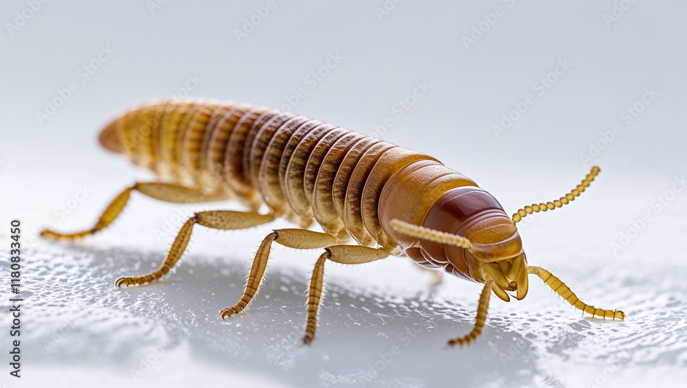 Close-up of a light brown termite on a white surface. Close-up of a light brown termite on a white surface.