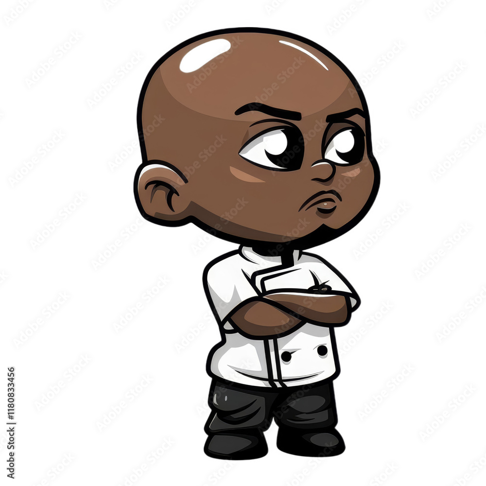Fototapeta premium Cartoon illustration of a black man wearing a chef's uniform with his arms crossed.