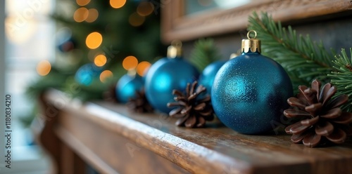 Decorative blue glass ornaments with black pinecones on a wooden mantel, wood, blue, decoration photo