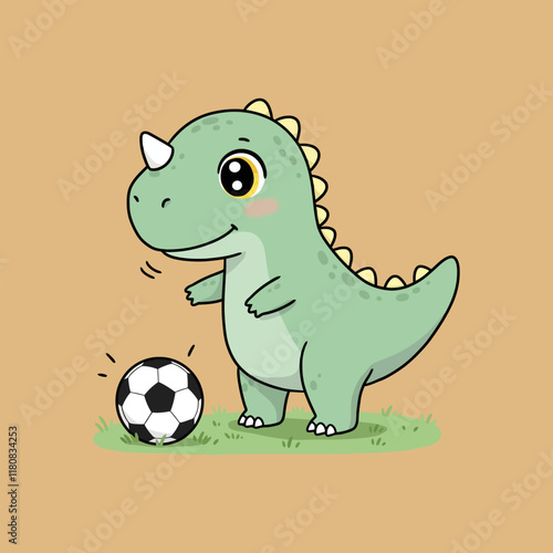 A cute cartoon dinosaur with a horn is happily playing with a soccer ball on a patch of green grass.