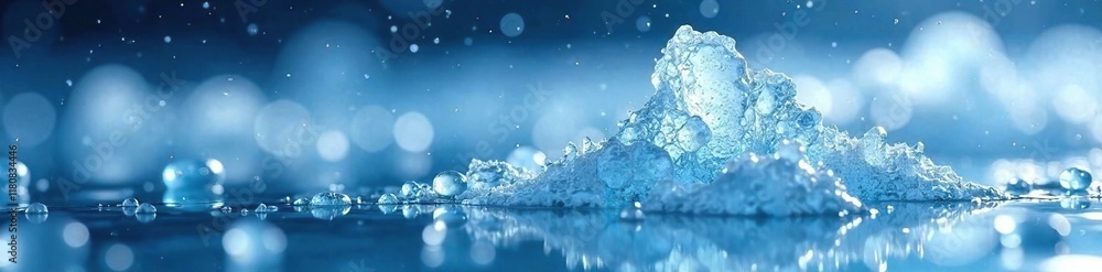 Gotas de agua congeladas con burbujas de aire en fondo azul, icy, winter Gotas de agua congeladas con burbujas de aire en fondo azul, icy, winter