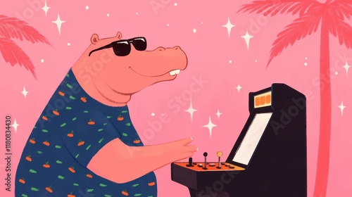 Playful and Vibrant Retro Themed Doodle of a Chubby Hippopotamus Character Enjoying an Arcade Game Surrounded by Tropical Palm Trees and a Funky Background photo