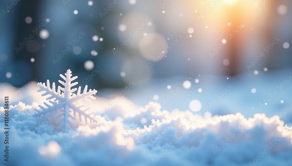 Snowflakes gently falling on a sunlit snowy ground, background, flakes, light Snowflakes gently falling on a sunlit snowy ground, background, flakes, light