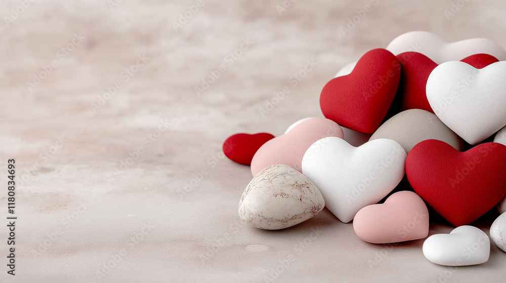 Fototapeta premium Pile of decorative hearts in various colors and textures.