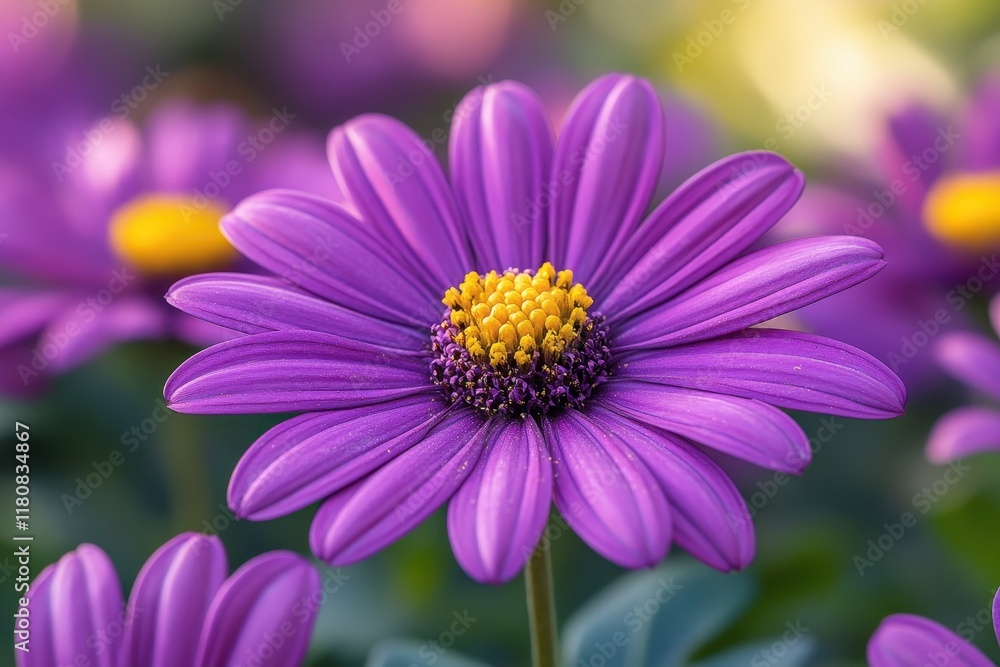 Purple daisies with bright yellow centers bloom in a garden during springtime Purple daisies with bright yellow centers bloom in a garden during springtime