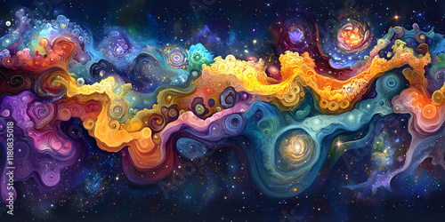 A swirling galaxy of vibrant colors, nebulae blending into starry voids, fractal patterns forming surreal landscapes, glowing energy flows, ultra-detailed, mesmerizing abstract composition photo