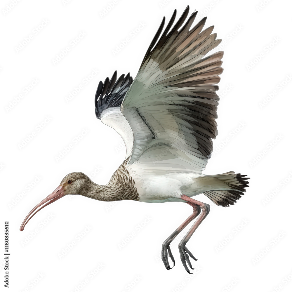 Obraz premium a bird in flight. showcasing its detailed plumage and graceful posture the wings are spread wide. emphasizing its ability to soar. while the long beak and legs are characteristic of its species this i