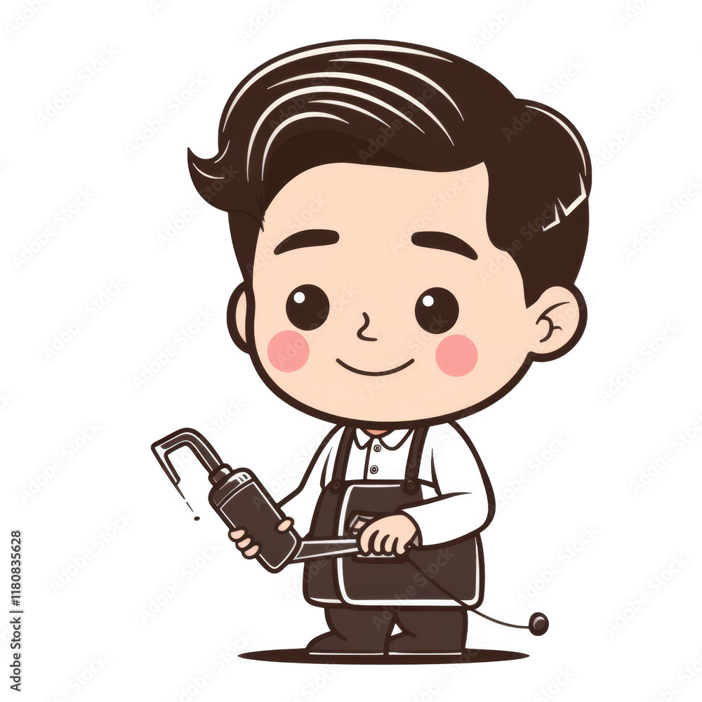 A smiling cartoon man holding a welding torch. A smiling cartoon man holding a welding torch.