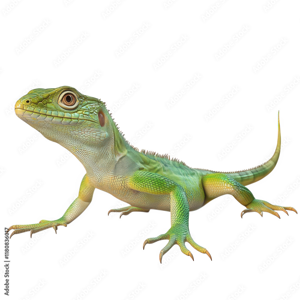Fototapeta premium a vibrant green lizard with a detailed texture. showcasing its unique features like large eyes and distinct coloration the lizard is posed in a dynamic stance. emphasizing its agility and natural beau