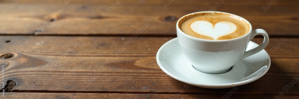 Wooden background with a heart shaped cup of white mocka and a side plate, wooden, white Wooden background with a heart shaped cup of white mocka and a side plate, wooden, white