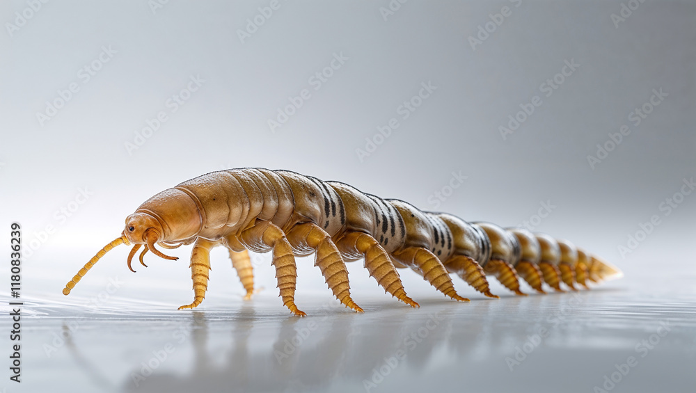 Close-up of a segmented insect crawling on a reflective surface. Close-up of a segmented insect crawling on a reflective surface.