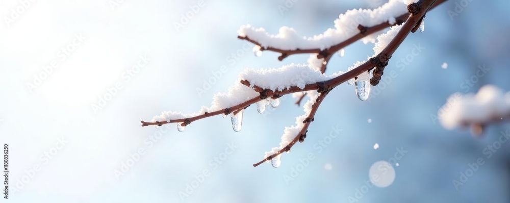 A snow-covered branch with ice crystals hanging from it against a bright white background, serenity, winter tree A snow-covered branch with ice crystals hanging from it against a bright white background, serenity, winter tree
