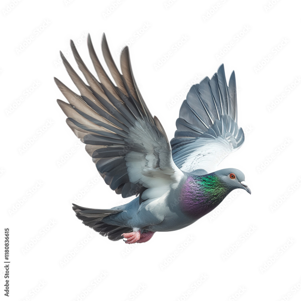 Naklejka premium a beautifully rendered pigeon in mid-flight. showcasing its elegant wings and vibrant plumage. particularly the iridescent green and purple hues on its neck this representation highlights the grace an