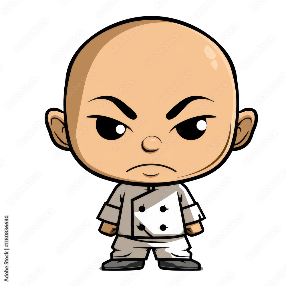 A cartoon illustration of a bald, stern-looking chef in a white chef's uniform. A cartoon illustration of a bald, stern-looking chef in a white chef's uniform.