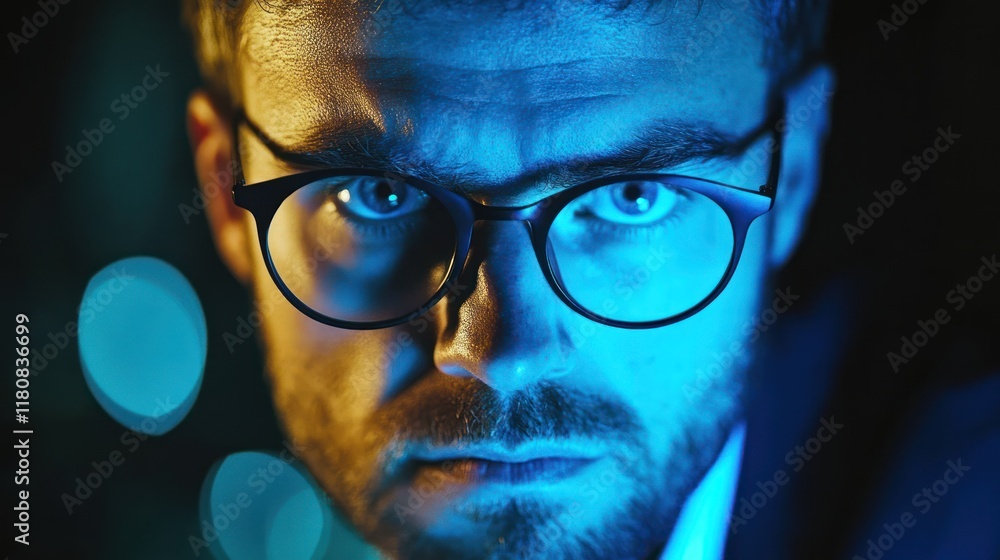 Intense man, glasses, blue light, city bokeh, portrait Intense man, glasses, blue light, city bokeh, portrait