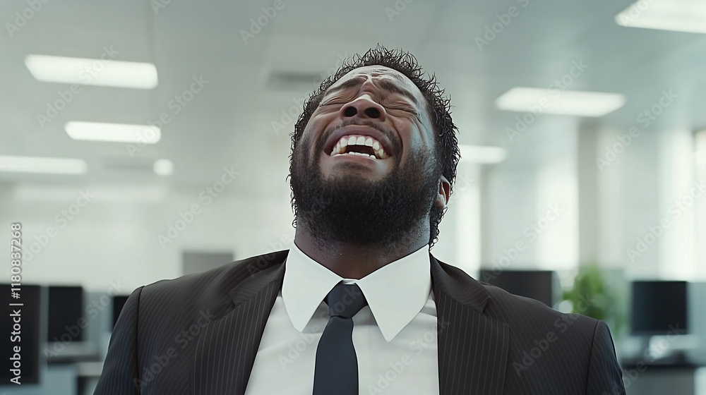 Fototapeta premium Overwhelmed with Joy: A close-up portrait of a black businessman in a suit, his face contorted in a mixture of joy and disbelief. He throws his head back, eyes closed.