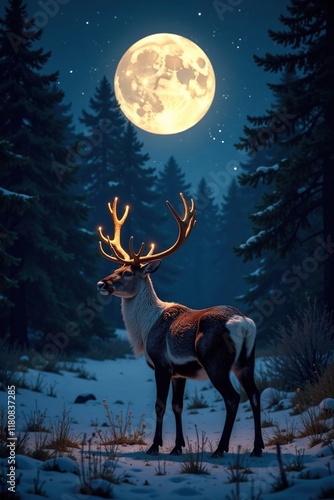 A reindeer's antlers stretch towards the bright moon shining through the dark forest, shining, through, reindeer photo