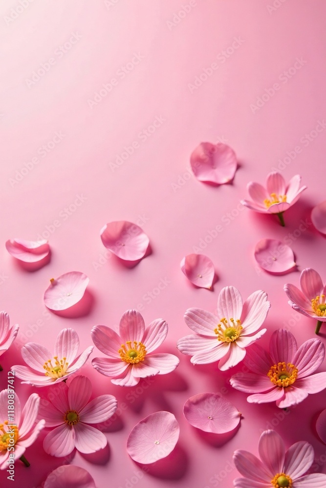 Delicate flowers scattered on a rose-tinted sky background, nature, petals, pink Delicate flowers scattered on a rose-tinted sky background, nature, petals, pink